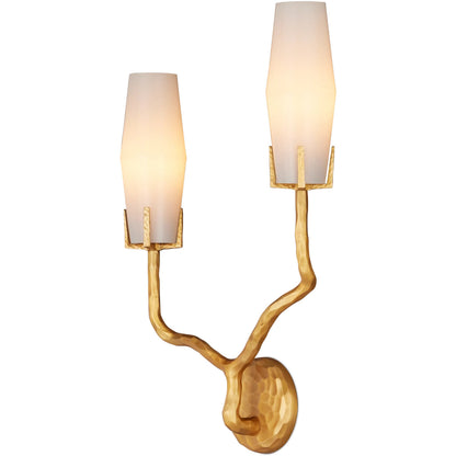 Mathilda Wall Sconce by Currey and Company in gold and white, matte gold. Made from glass, brass in a modern style.