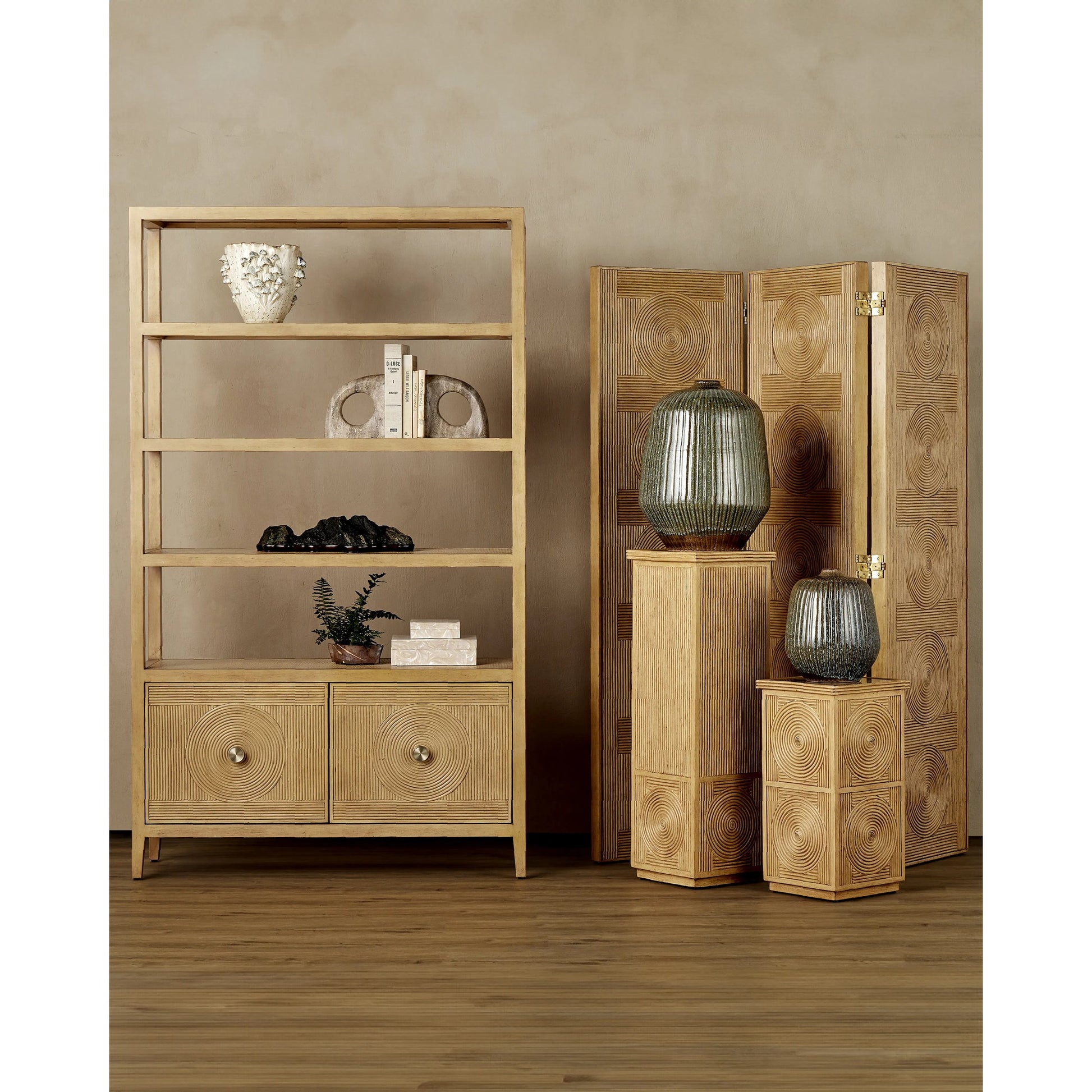 Santos Accent Table by Currey and Company in sea sand, clear. Made from rattan, mahogany, glass in a transitional style.