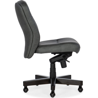 Sasha Executive Swivel Tilt Chair by Hooker Furniture in big top dark taupe and dark wood. Made from leather (semi-aniline top grain) in a transitional style.
