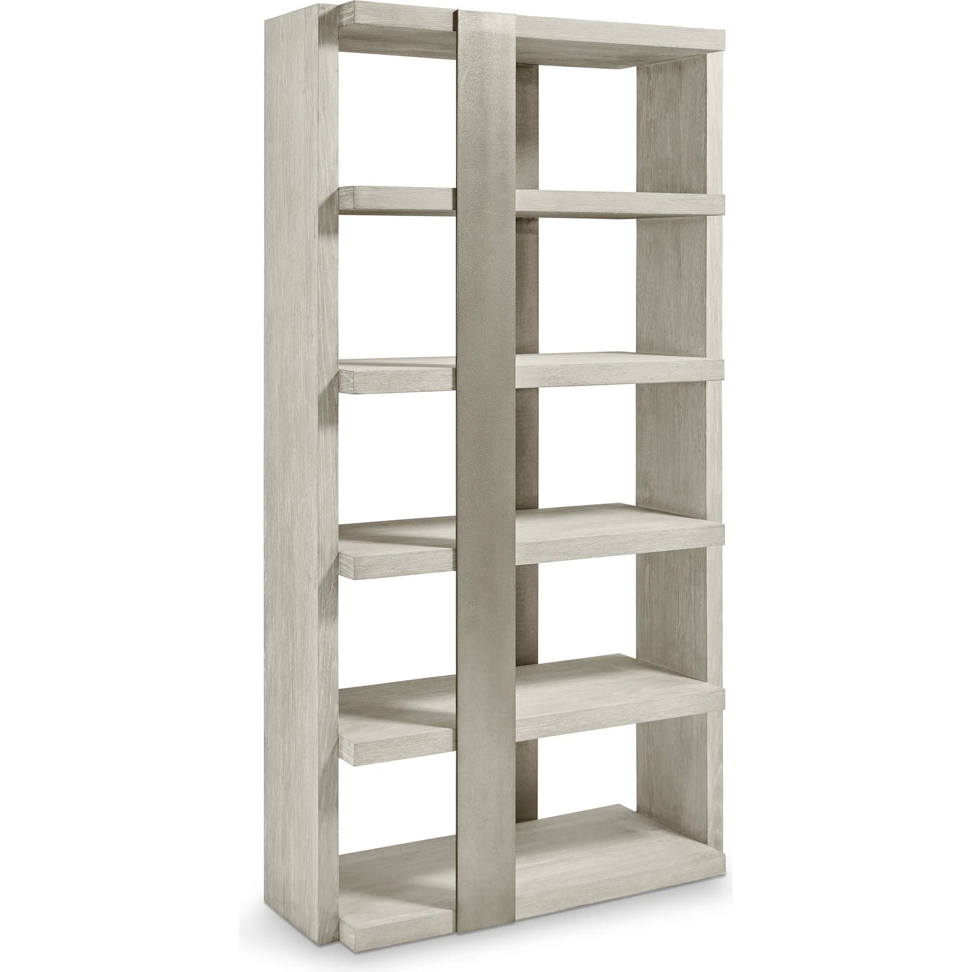 Tempo Etagere by Bernhardt in larza, satin nickel. Made from oak, aluminum in a transitional style.