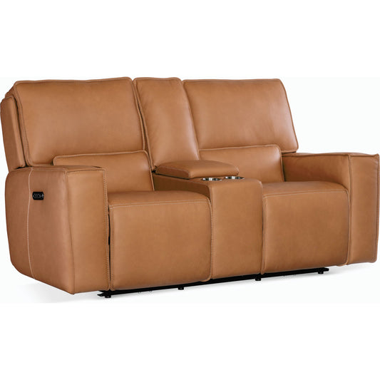 Miles Zero Gravity Power Console Loveseat w/Power Headrest by Hooker Furniture in brown. Made from leather in a modern style.