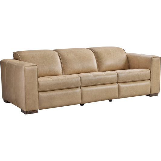 Nest Leather Power Motion Sofa by Bernhardt in brown. Made from leather in a unique style.