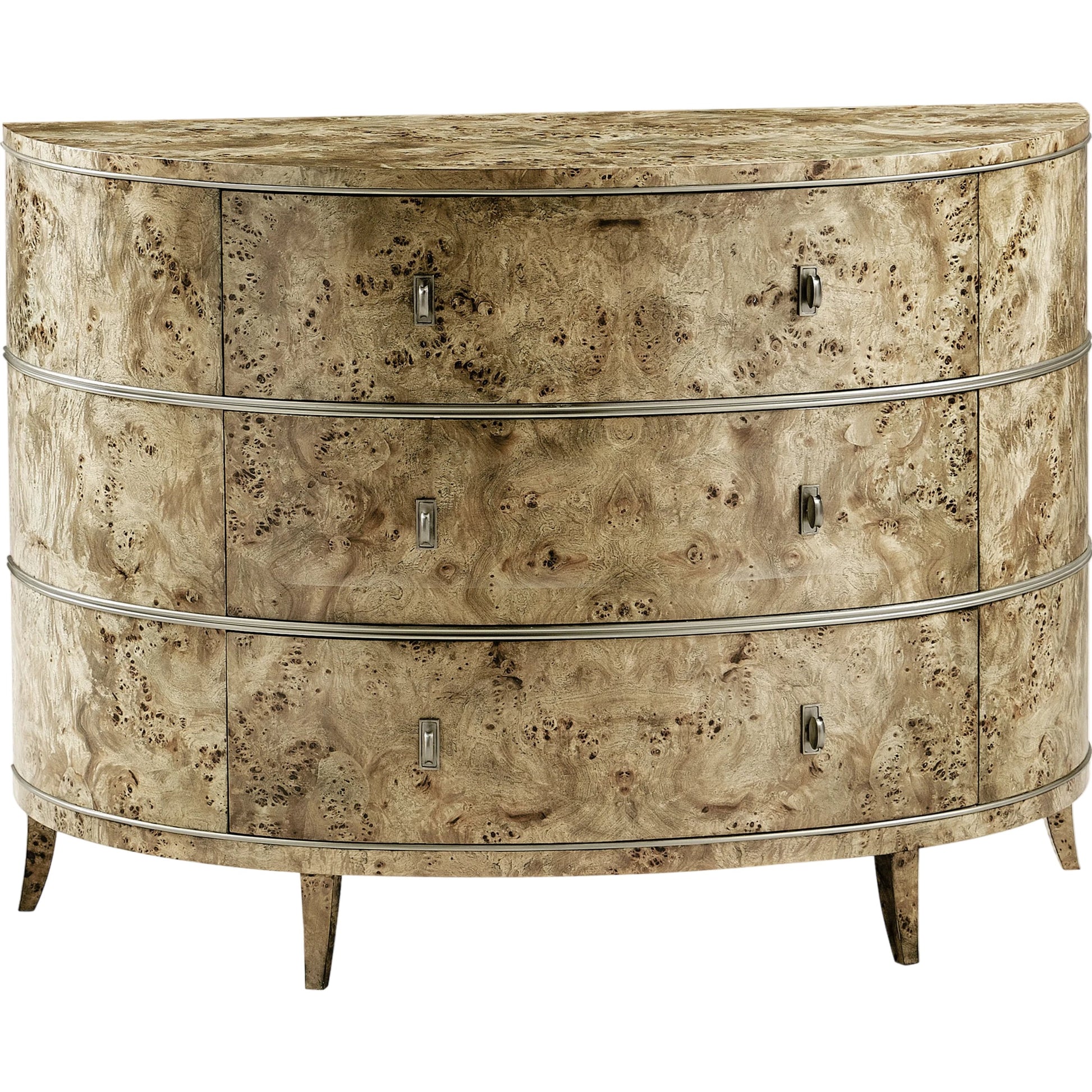 Reimagined Fulgurite Mappa Burl Demilune by Jonathan Charles in golden amber. Made from mappa burl veneer, brass hardware in a modern style.