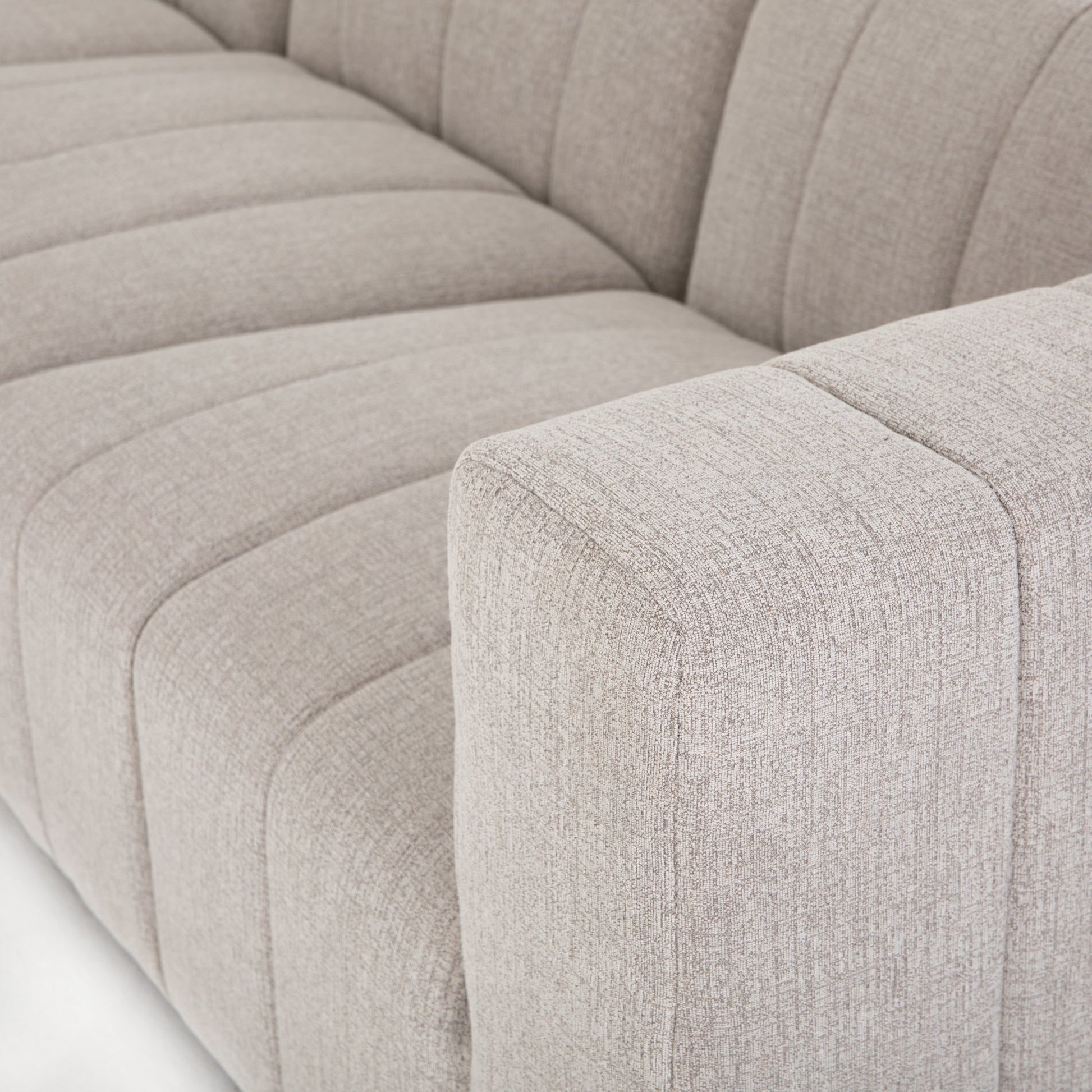 Langham Channeled 6-Piece Sectional by Four Hands in fayette cloud. Made from 97% polyester, 3% acrylic, poplar plywood, 58% polyester, 39% wool, 3% cotton in a modern style.