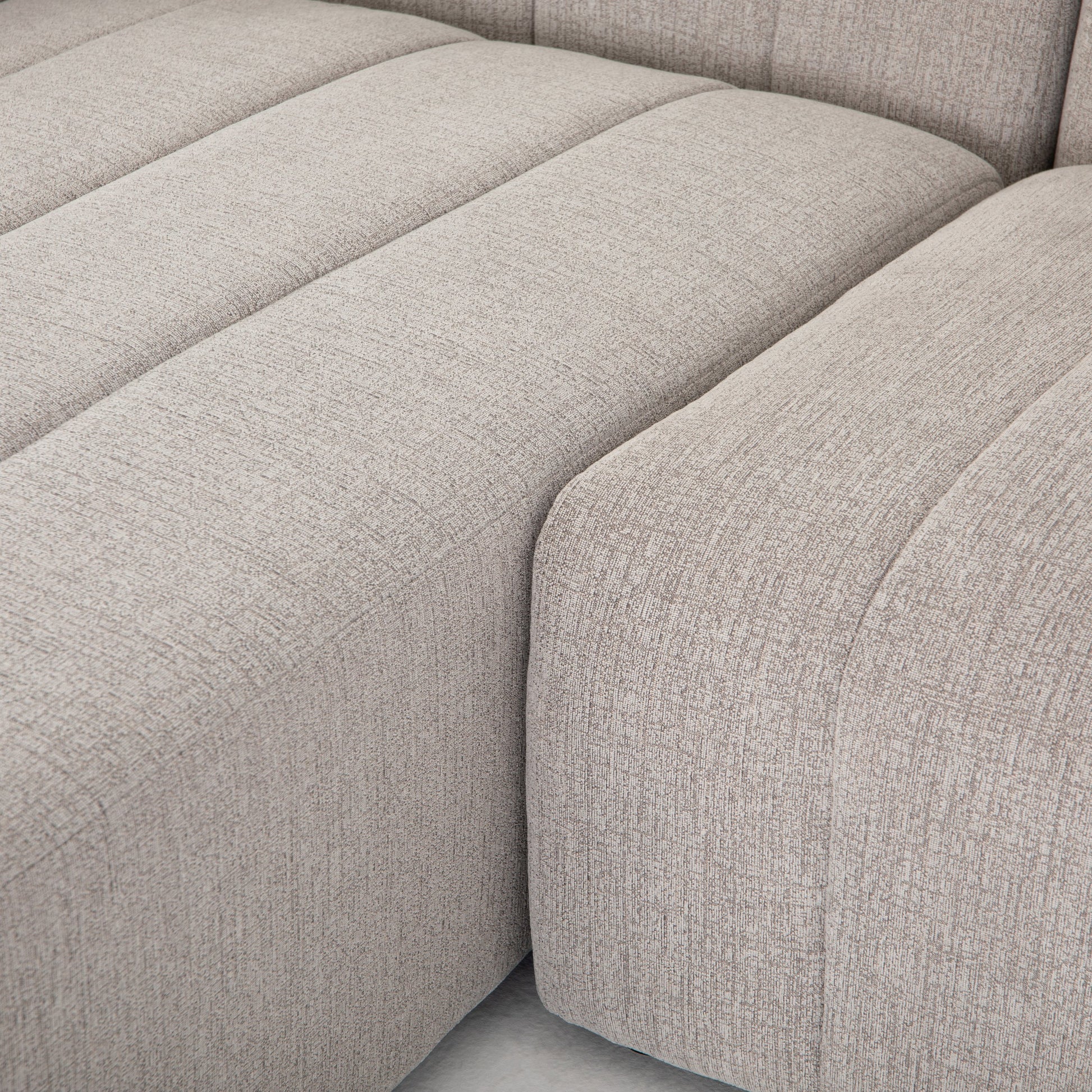 Langham Channeled 6-Piece Sectional by Four Hands in fayette cloud. Made from 97% polyester, 3% acrylic, poplar plywood, 58% polyester, 39% wool, 3% cotton in a modern style.