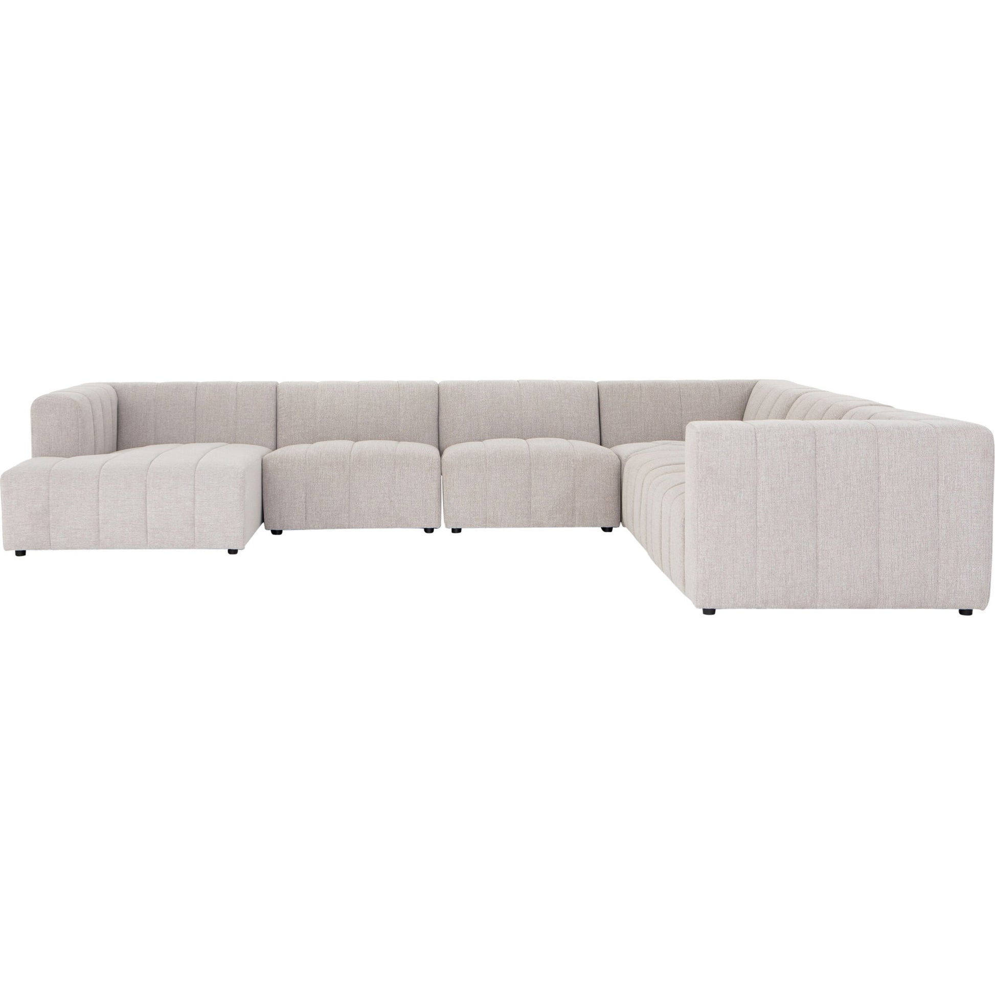 Langham Channeled 6-Piece Sectional by Four Hands in fayette cloud. Made from 97% polyester, 3% acrylic, poplar plywood, 58% polyester, 39% wool, 3% cotton in a modern style.