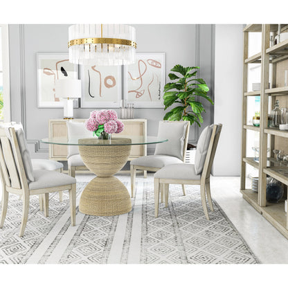 Cotiere Etagere by A.R.T. Furniture in beige and linen. Made from parawood solids, mixed split cathedral and quarter-white oak veneers, fabric, glass in a modern style.