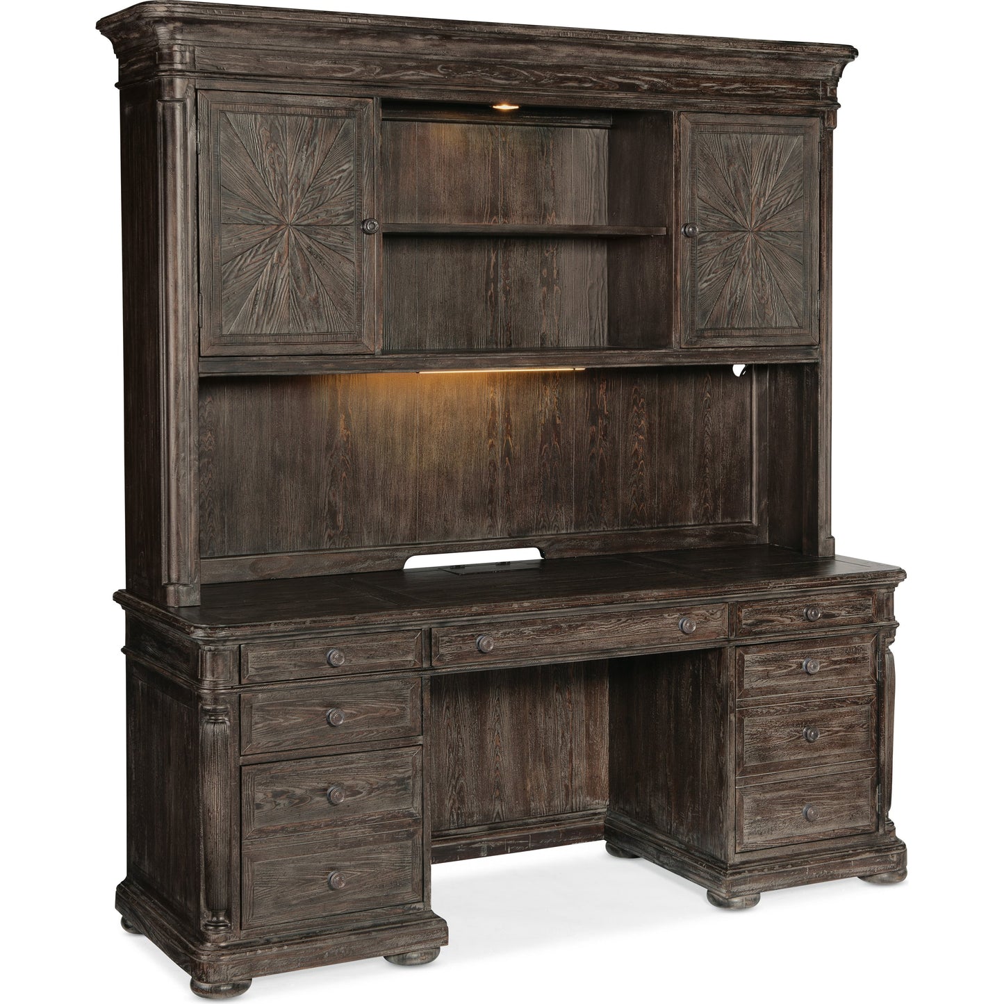 003 SI-1873216 | Additional Silo | Traditions Computer Credenza Hutch by Hooker Furniture in dark wood. Made from pine, oak veneers with tempered glass in a traditional style.