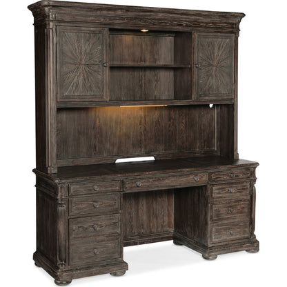 Traditions Computer Credenza Hutch by Hooker Furniture in dark wood. Made from pine, oak veneers with tempered glass in a traditional style.