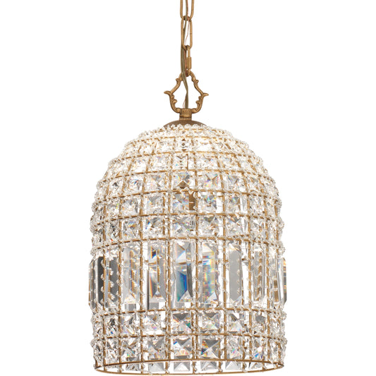 Crystal Pendant Chandelier by The Livingston Collection in antique gold with clear crystals. Made from iron, glass in a transitional style.