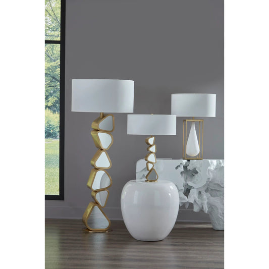 Tear Drop Table Lamp by Phillips Collection in gold, white and brass. Made from metal in a modern style.