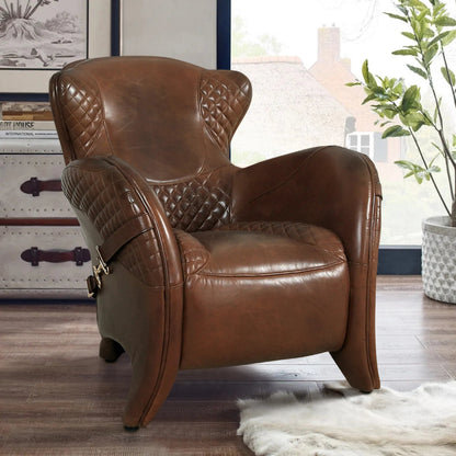 Aspen Leather Wingback Chair by Pasargad Home in cuba brown. Made from leather in a traditional style.