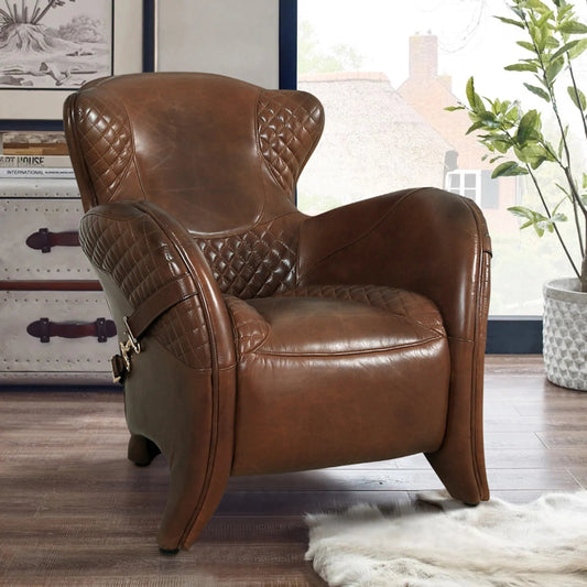Aspen Leather Wingback Chair by Pasargad Home in cuba brown. Made from leather in a unique style.
