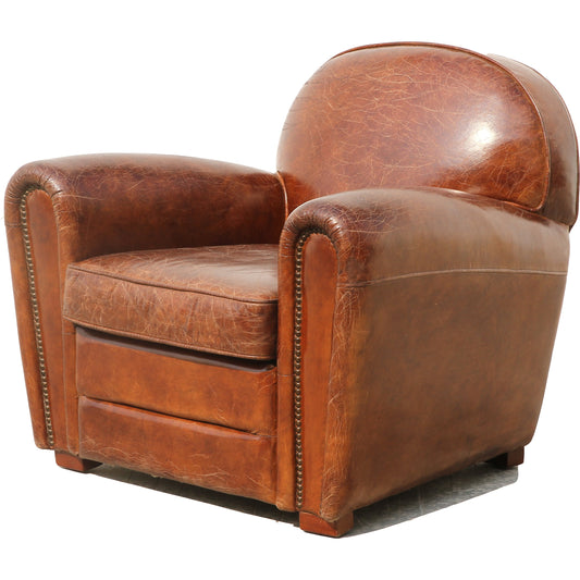 Genuine Paris Club Chair by Pasargad Home in brown. Made from leather in a rustic style.