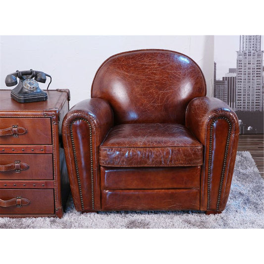 Genuine Paris Club Chair by Pasargad Home in brown. Made from leather in a rustic style.
