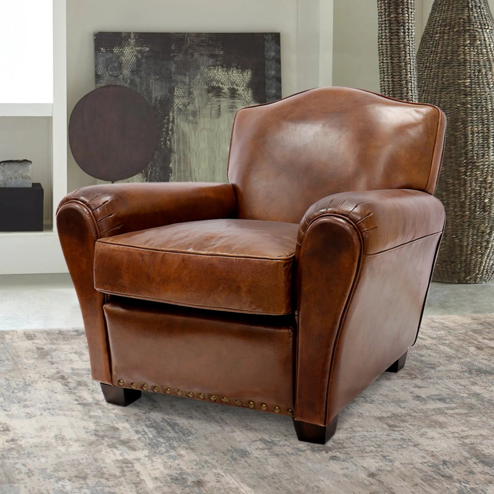 Palermo Wing Chair by Pasargad Home in brown. Made from leather in a transitional style.