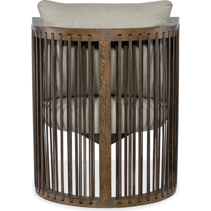Wilde Club Chair by Hooker Furniture in beige and dark wood, beige. Made from fabric, leather strapping in a transitional style.
