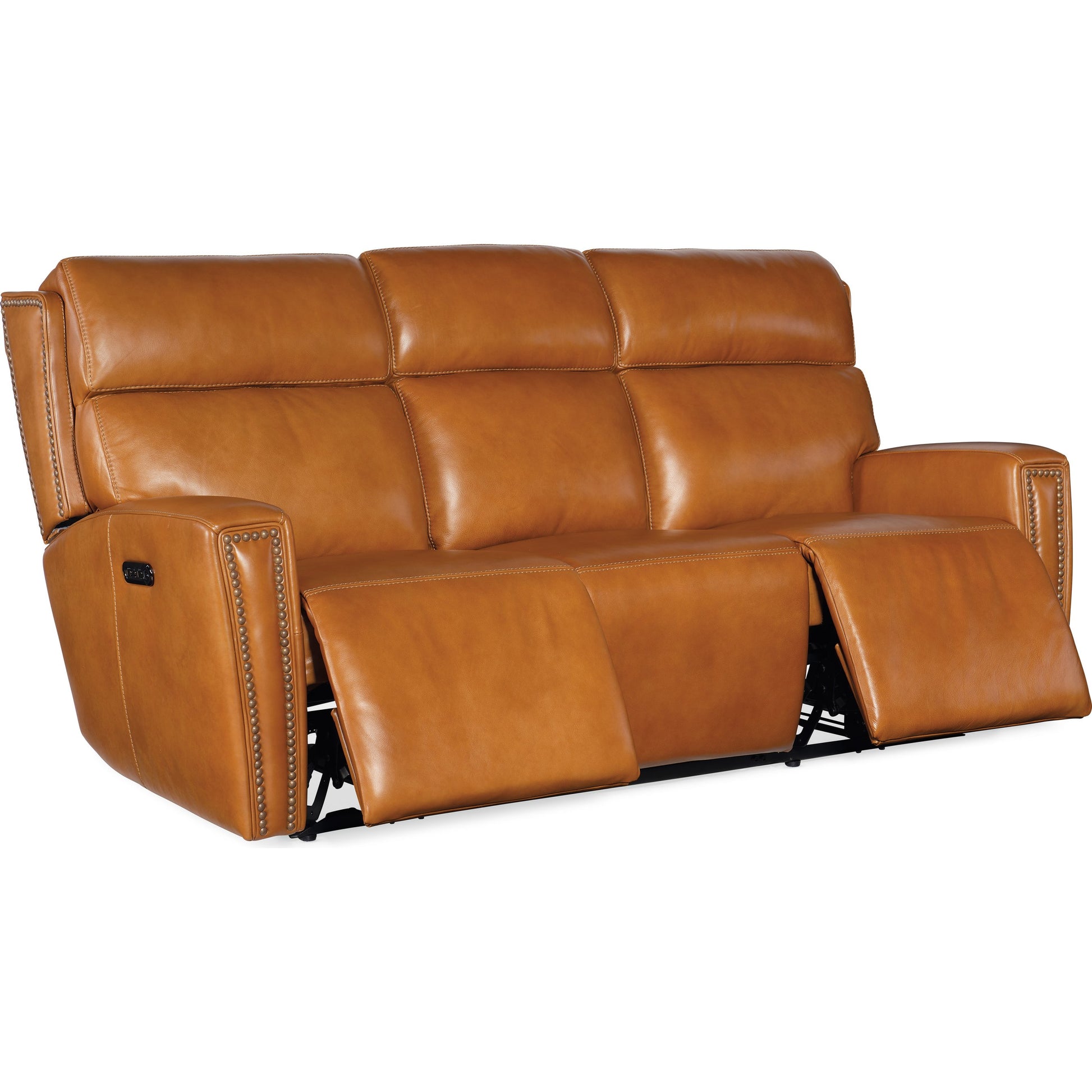 Ruthe Zerog Power Sofa by Hooker Furniture in salvo denim. Made from leather in a traditional style.