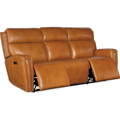 Ruthe Zerog Power Sofa by Hooker Furniture in salvo denim. Made from leather in a traditional style.