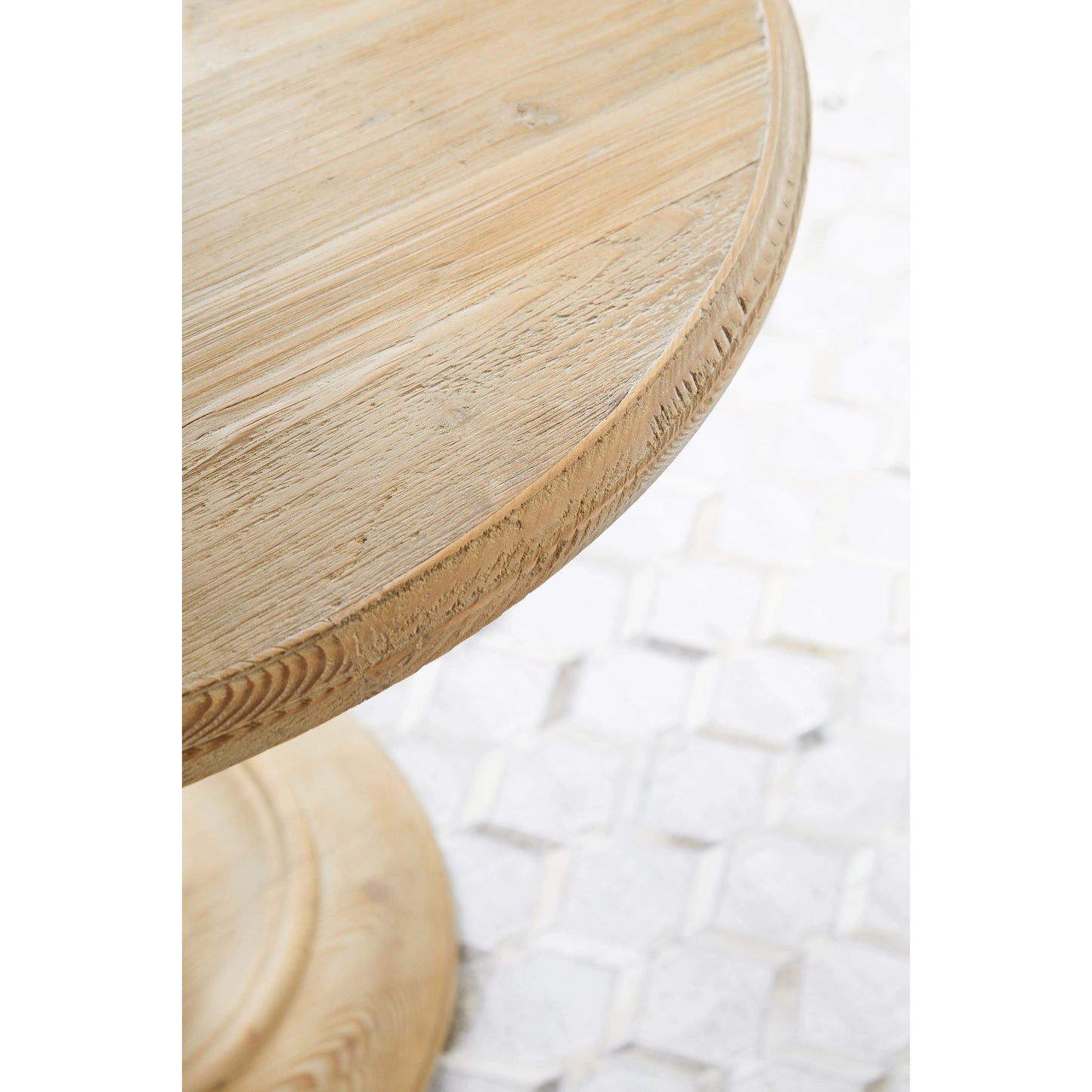 037 SR-789351 | Closeup | Chelsea Dining Table by Essentials For Living in smoke gray. Made from solid reclaimed pine, reclaimed pine veneer in a cottage & farmhouse style.