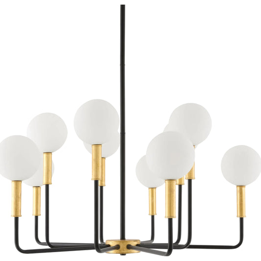 Chinon Chandelier by Surya in gold, black, white. Made from iron, glass in a unique style.