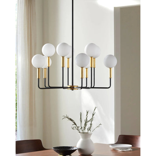 Chinon Chandelier by Surya in gold, black, white. Made from iron, glass in a unique style.
