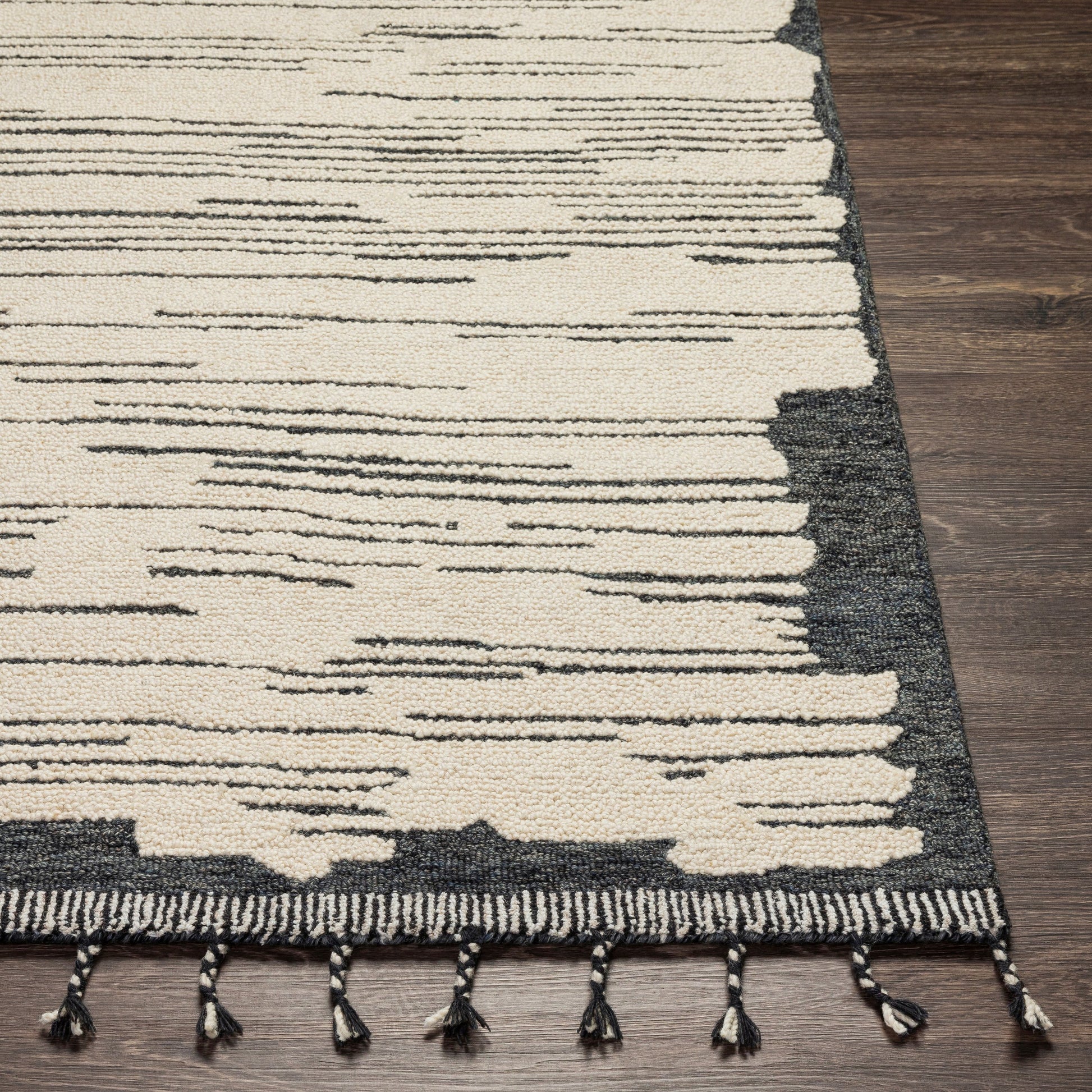 Cherokee Rug - 30181 by Livabliss in oatmeal, charcoal, black, cream. Made from 100% wool in a unique style.