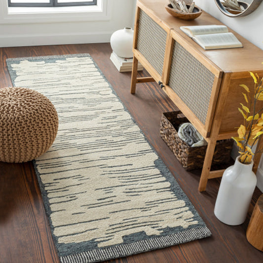 Cherokee Rug - 30181 by Livabliss in oatmeal, charcoal, black, cream. Made from 100% wool in a unique style.