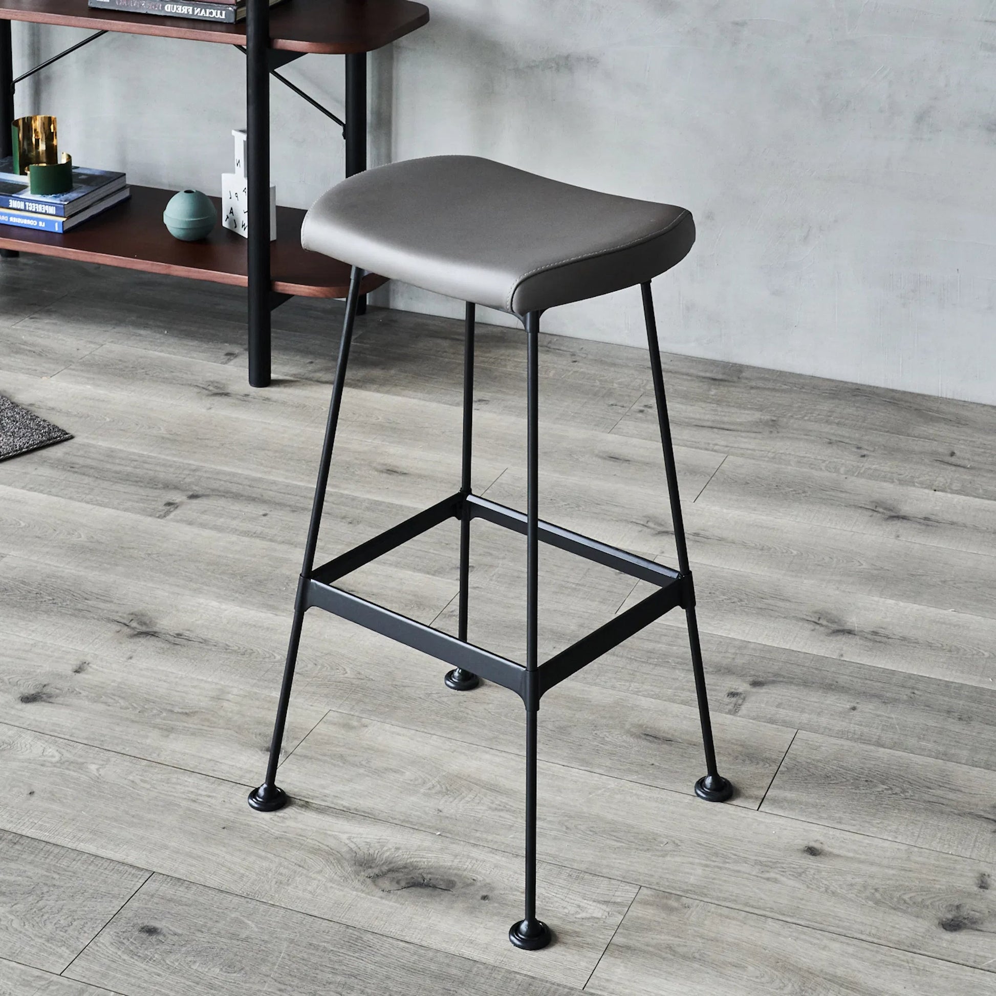 Arthur Bar Stool, PU Seat by Zentique in matte black steel, dark grey pu. Made from steel, pu leather in a unique style.