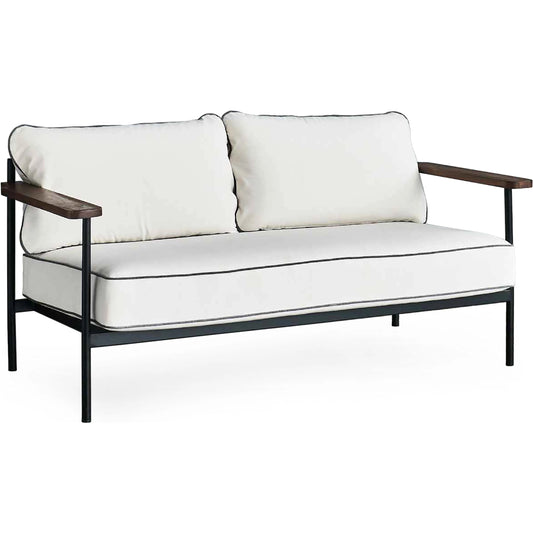 Geneveive Sofa with Metal Frame by Zentique in black steel, cream linen, chinese walnut oak arms. Made from steel, linen, chinese walnut oak arms in a unique style.