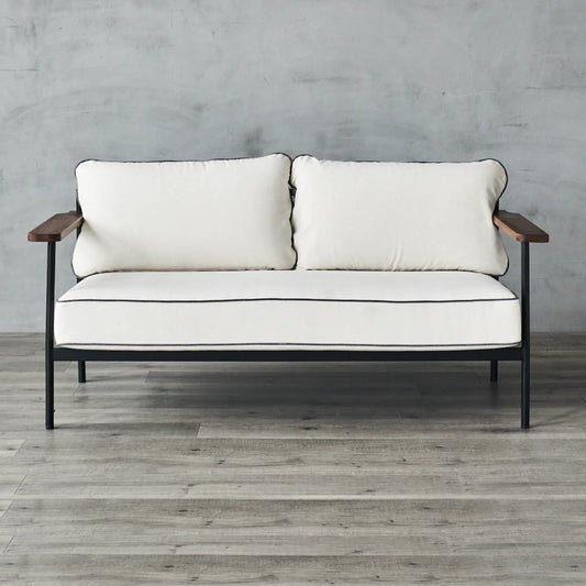 Geneveive Sofa with Metal Frame by Zentique in black steel, cream linen, chinese walnut oak arms. Made from steel, linen, chinese walnut oak arms in a transitional style.