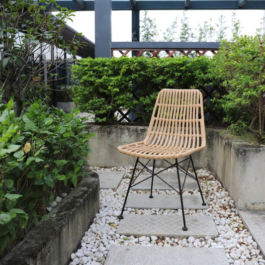 Rattan Patio Side Chair by Zentique in matte black steel, light brown rattan. Made from steel, rattan in a rustic style.