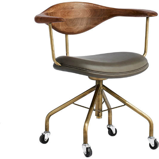Covey Swivel Arm Chair by Zentique in bronze steel, brown wood, grey pu. Made from steel, wood, pu leather in a unique style.