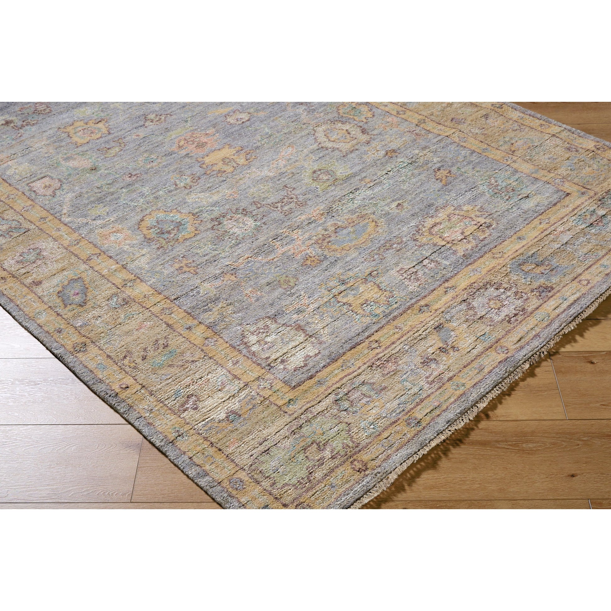 Chennai CHN-2300 Rug by Surya in slate gray, mustard yellow, coral, sky blue, olive green, blush pink, ivory. Made from silk in a unique style.