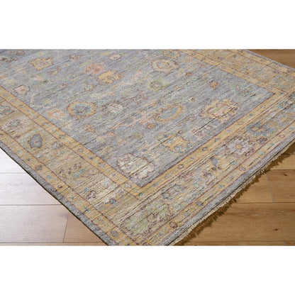 Chennai CHN-2300 Rug by Surya in slate gray, mustard yellow, coral, sky blue, olive green, blush pink, ivory. Made from silk in a unique style.