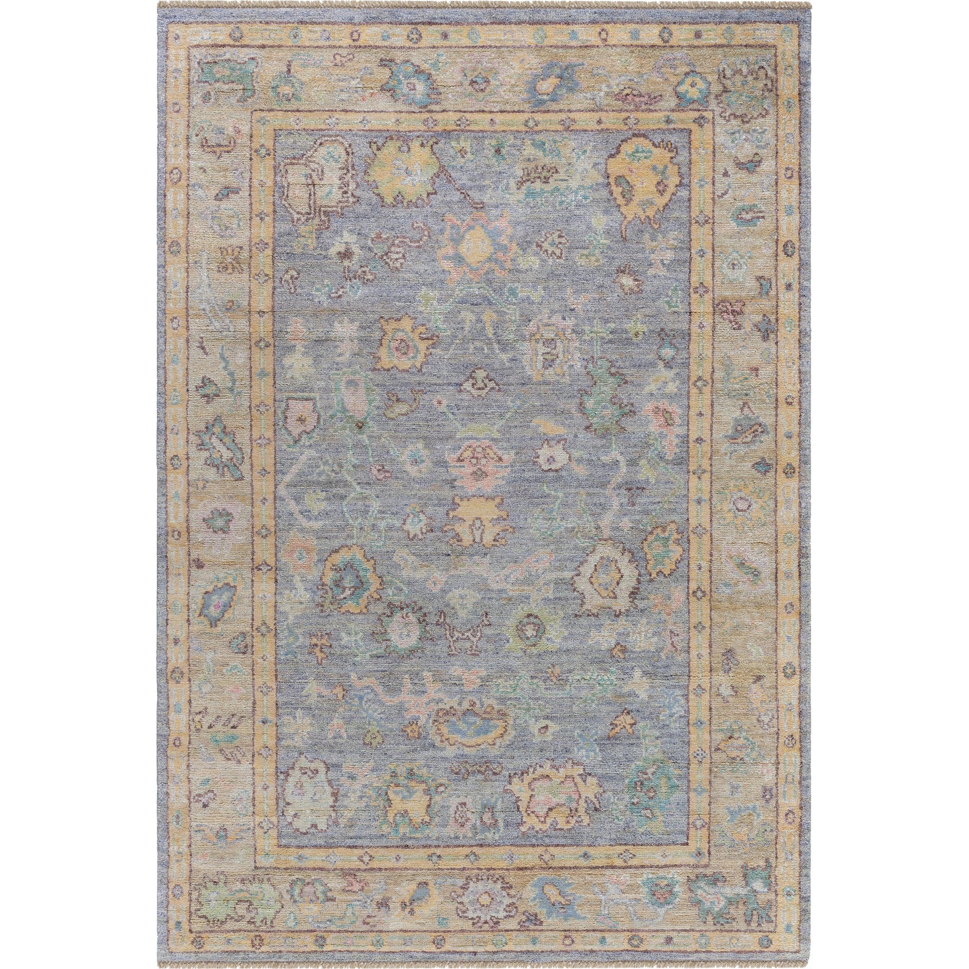 Chennai CHN-2300 Rug by Surya in slate gray, mustard yellow, coral, sky blue, olive green, blush pink, ivory. Made from silk in a unique style.