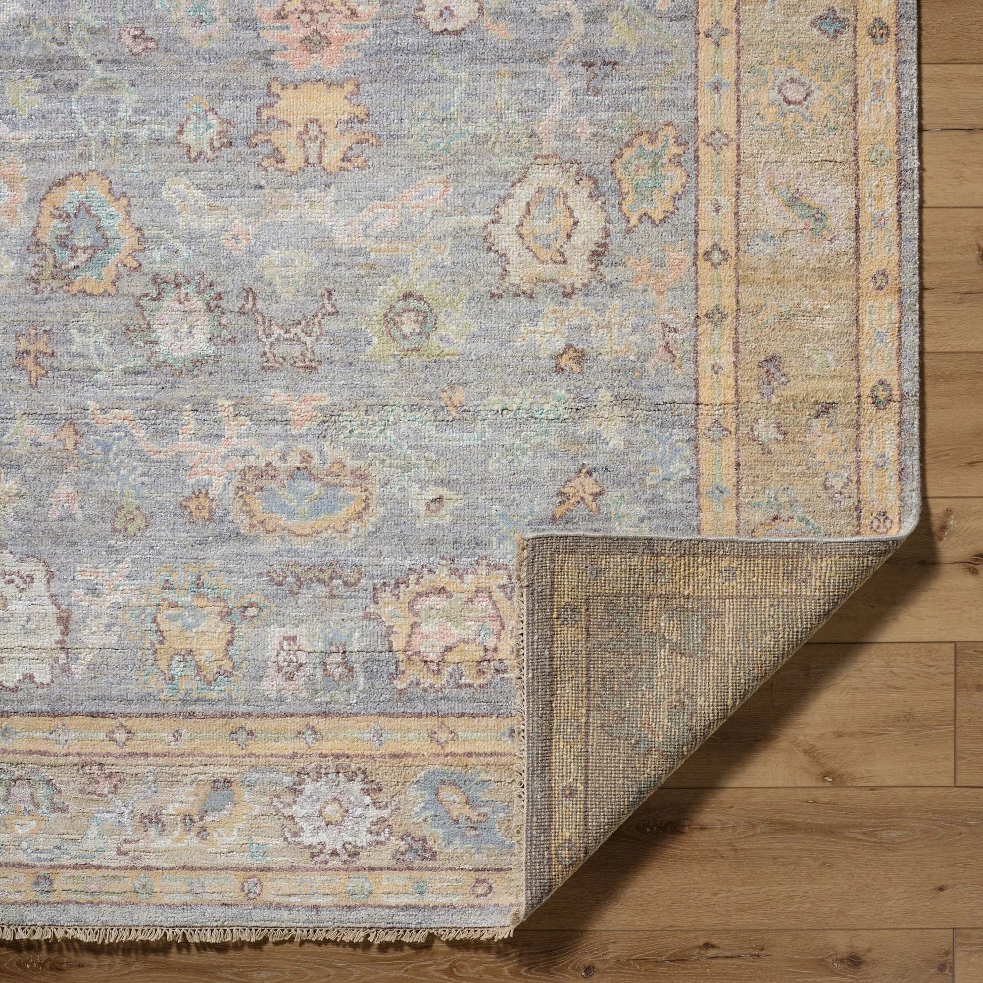 Chennai CHN-2300 Rug by Surya in slate gray, mustard yellow, coral, sky blue, olive green, blush pink, ivory. Made from silk in a unique style.