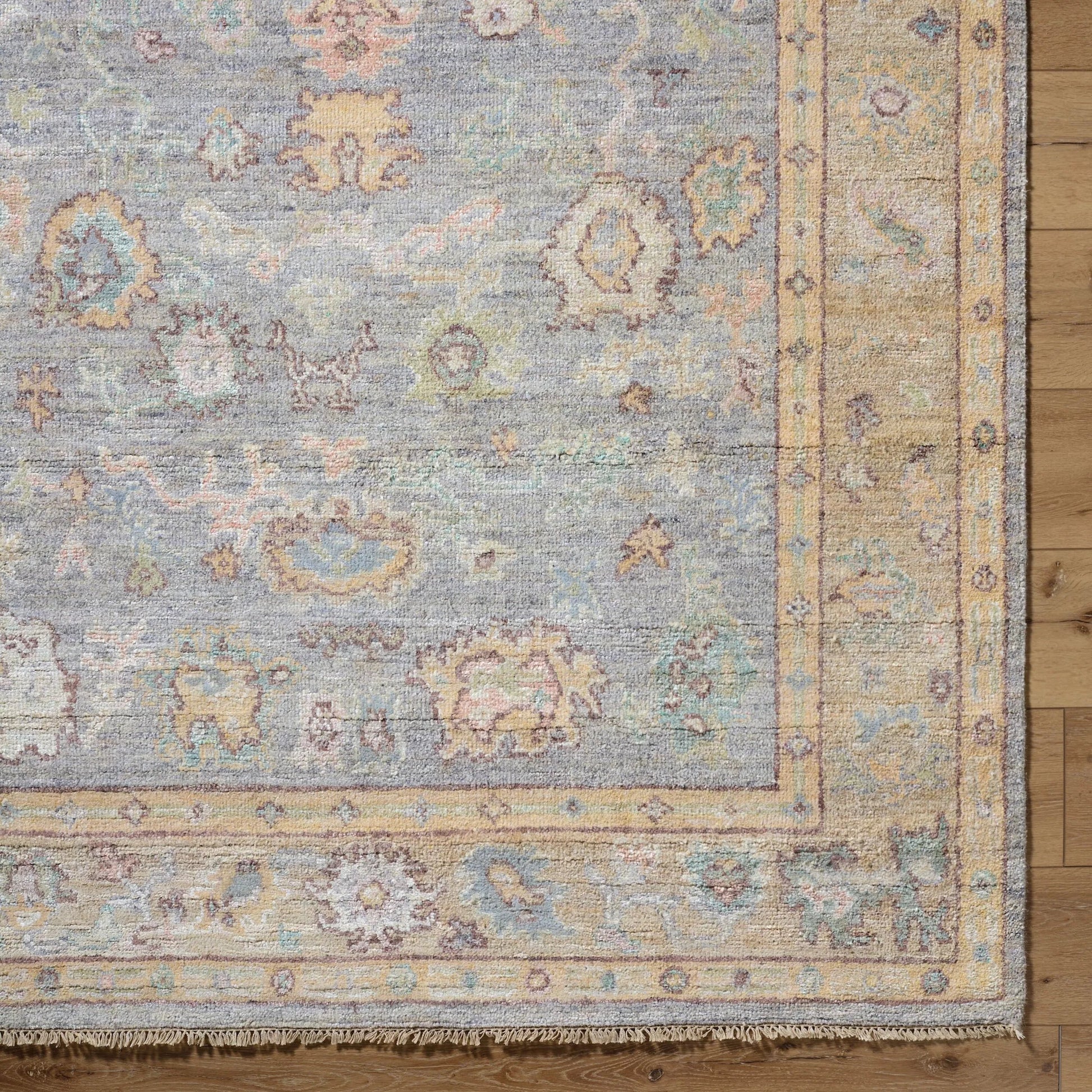 Chennai CHN-2300 Rug by Surya in slate gray, mustard yellow, coral, sky blue, olive green, blush pink, ivory. Made from silk in a unique style.