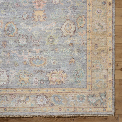Chennai CHN-2300 Rug by Surya in slate gray, mustard yellow, coral, sky blue, olive green, blush pink, ivory. Made from silk in a unique style.
