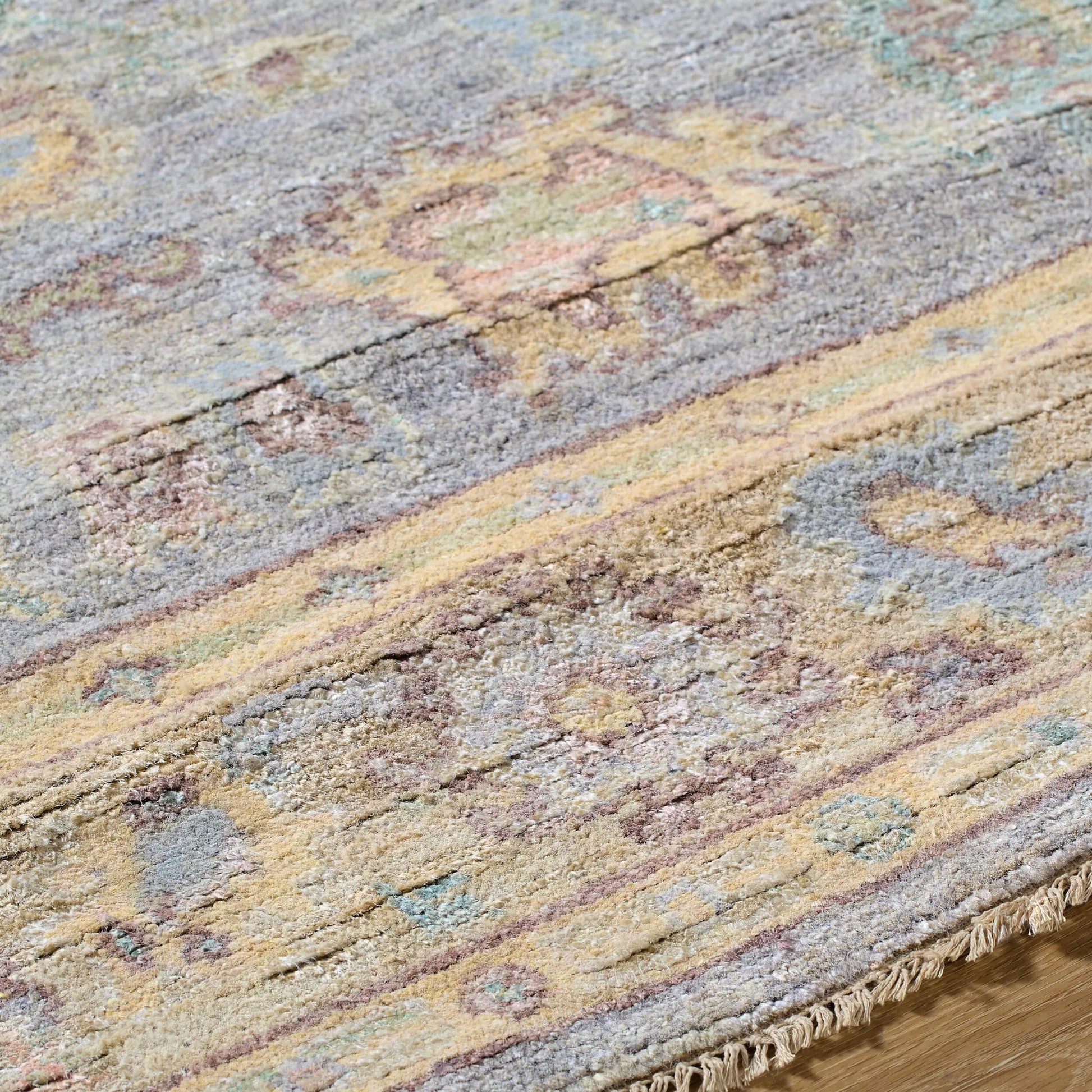Chennai CHN-2300 Rug by Surya in slate gray, mustard yellow, coral, sky blue, olive green, blush pink, ivory. Made from silk in a unique style.