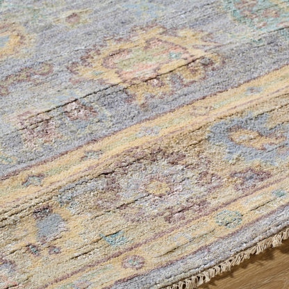 Chennai CHN-2300 Rug by Surya in slate gray, mustard yellow, coral, sky blue, olive green, blush pink, ivory. Made from silk in a unique style.
