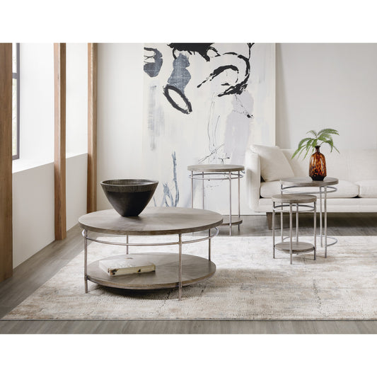 Round End Table by Hooker Furniture in medium natural acacia. Made from acacia veneers with metal tubing, metal sheet in a unique style.