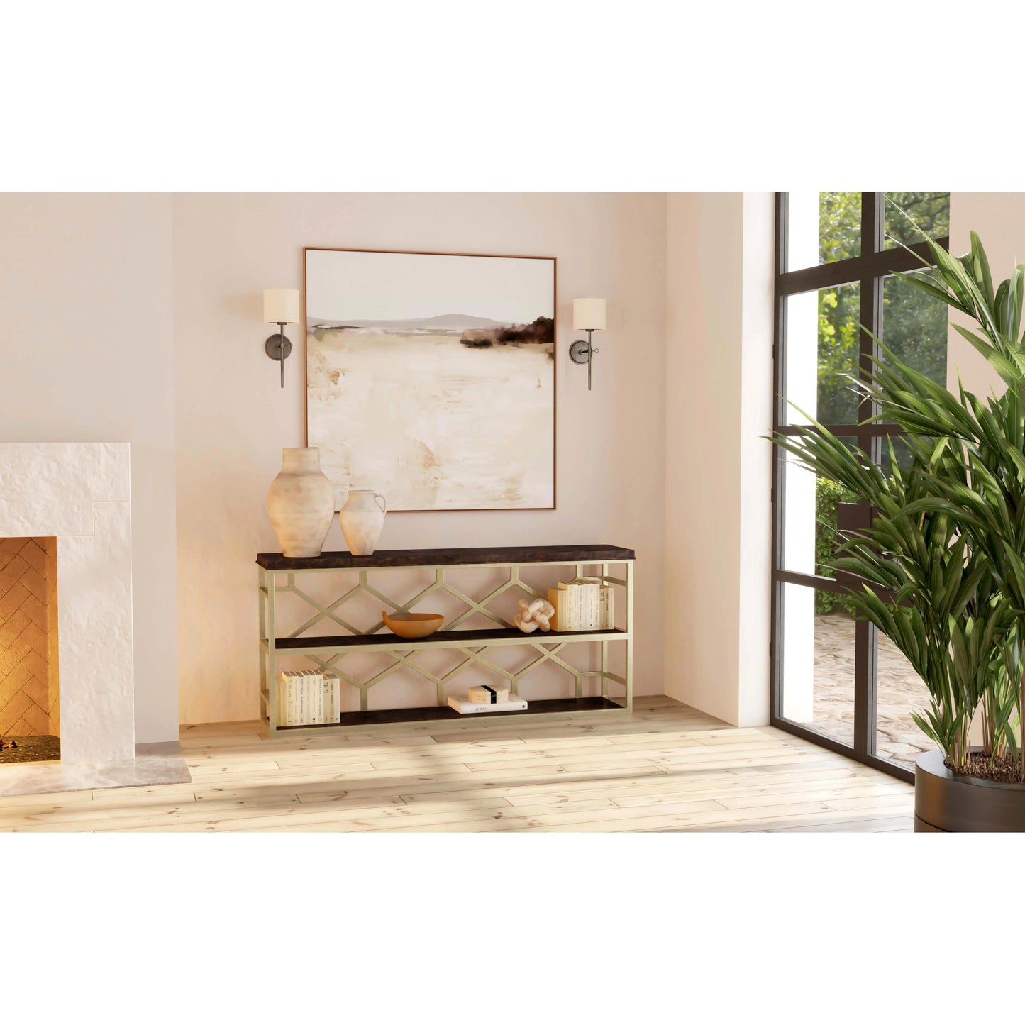 004 SI-1749207 | Lifestyle | Giles Console Table by Hooker Furniture in golden madrone burl, silver leaf. Made from golden madrone burl, metal in a traditional style.