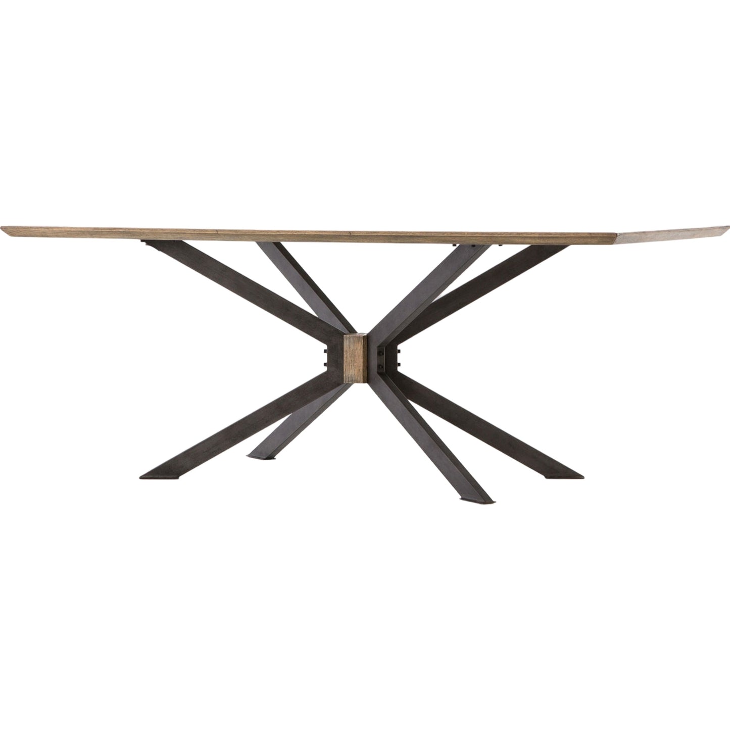 000 S-258375 | Primary Silo | Spider Dining Table by Four Hands in light rustic black, bright brass clad, sandy oak. Made from brass, iron, solid oak in a cottage & farmhouse style.