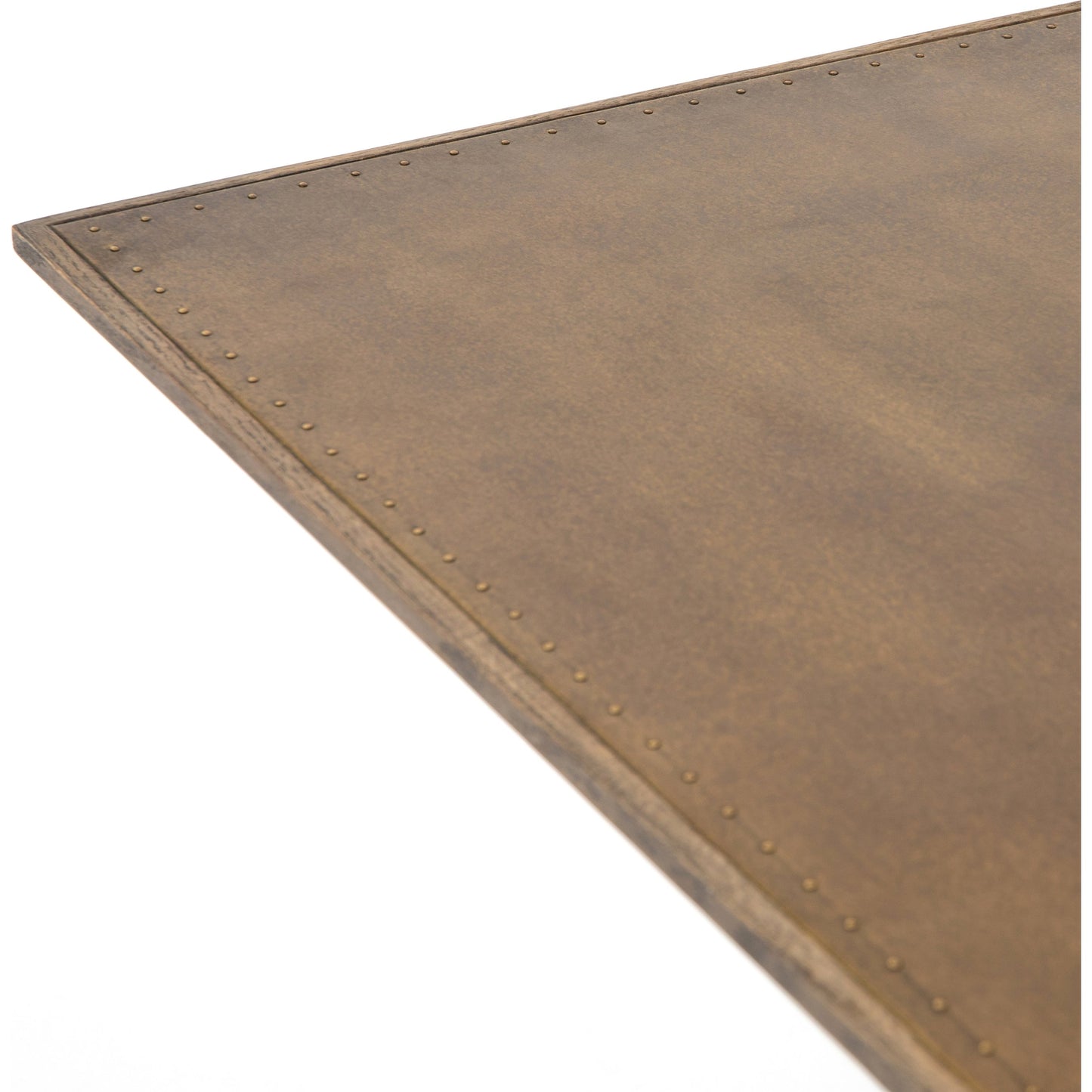 042 S-258375 | Closeup | Spider Dining Table by Four Hands in light rustic black, bright brass clad, sandy oak. Made from brass, iron, solid oak in a cottage & farmhouse style.