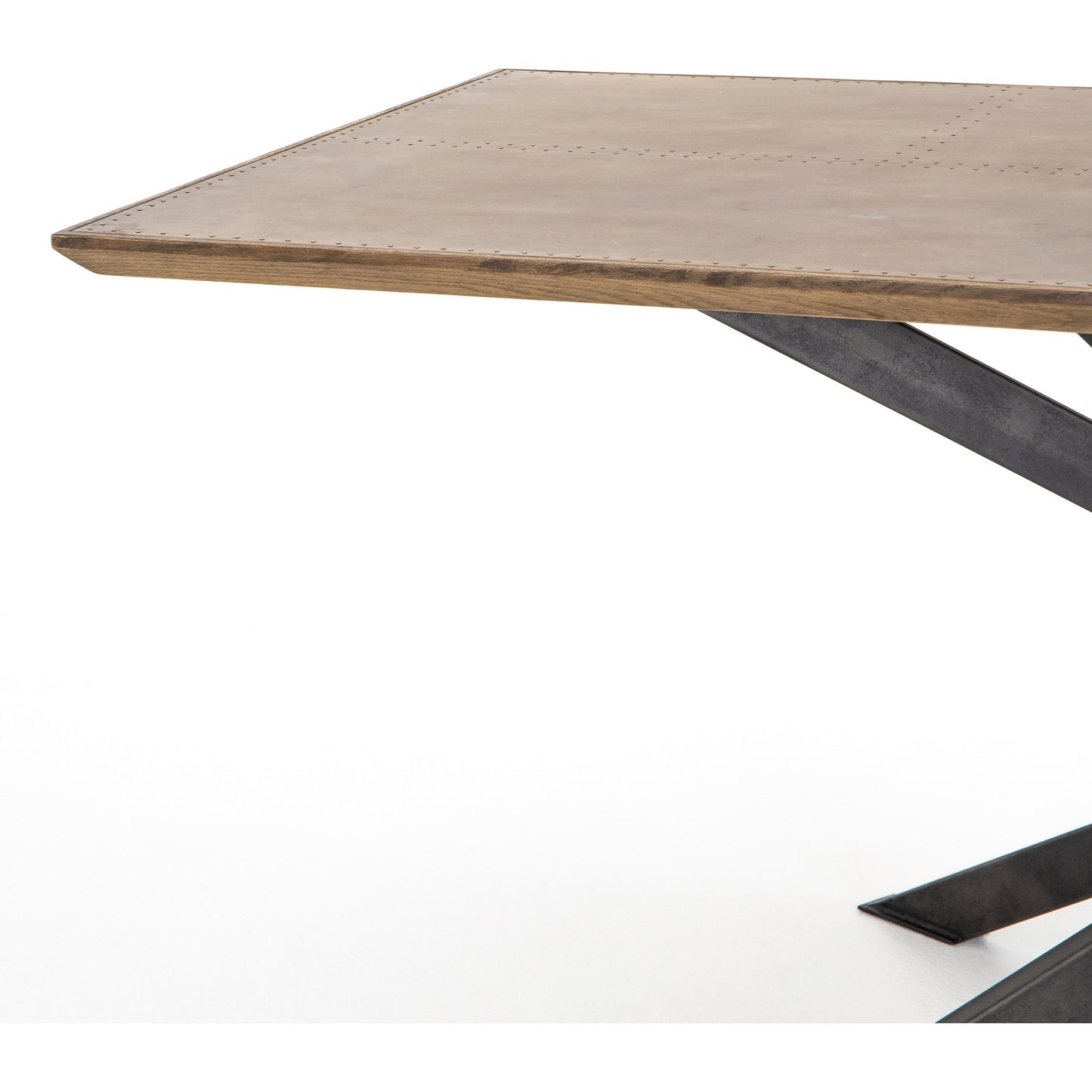 044 S-258375 | Closeup | Spider Dining Table by Four Hands in light rustic black, bright brass clad, sandy oak. Made from brass, iron, solid oak in a cottage & farmhouse style.