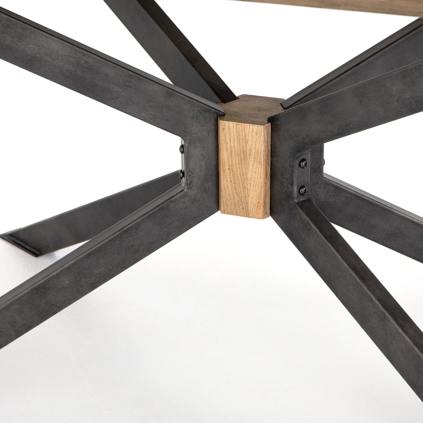 045 S-258375 | Closeup | Spider Dining Table by Four Hands in light rustic black, bright brass clad, sandy oak. Made from brass, iron, solid oak in a cottage & farmhouse style.