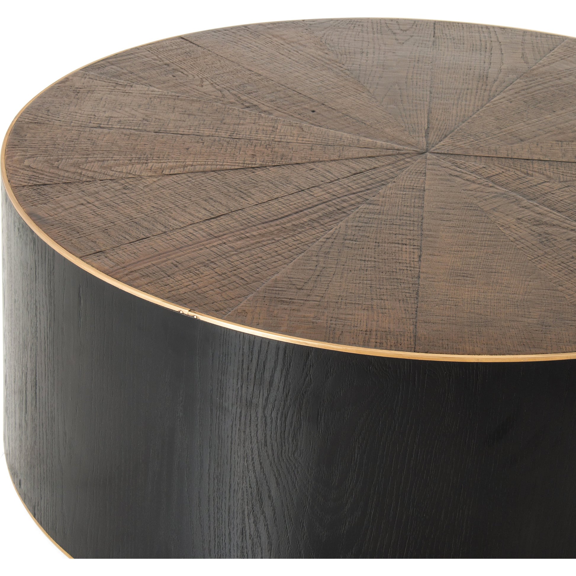 Perry Coffee Table by Four Hands in ebony, light ebony and bright brass clad, ebony, light ebony. Made from solid oak, brass in a cottage & farmhouse style.