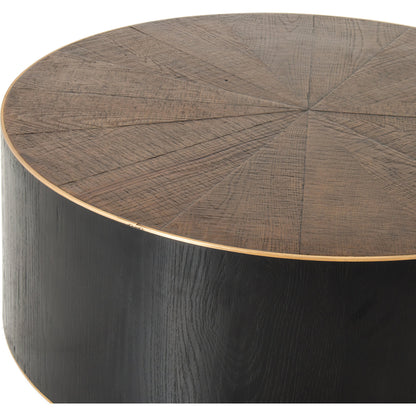 Perry Coffee Table by Four Hands in ebony, light ebony and bright brass clad, ebony, light ebony. Made from solid oak, brass in a cottage & farmhouse style.