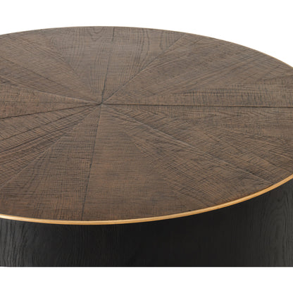 Perry Coffee Table by Four Hands in ebony, light ebony and bright brass clad, ebony, light ebony. Made from solid oak, brass in a cottage & farmhouse style.